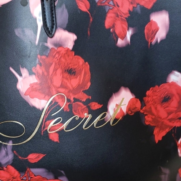 Victoria's Secret Red Black Floral Leather Classic Double Handle Tote Bag - Picture 5 of 16
